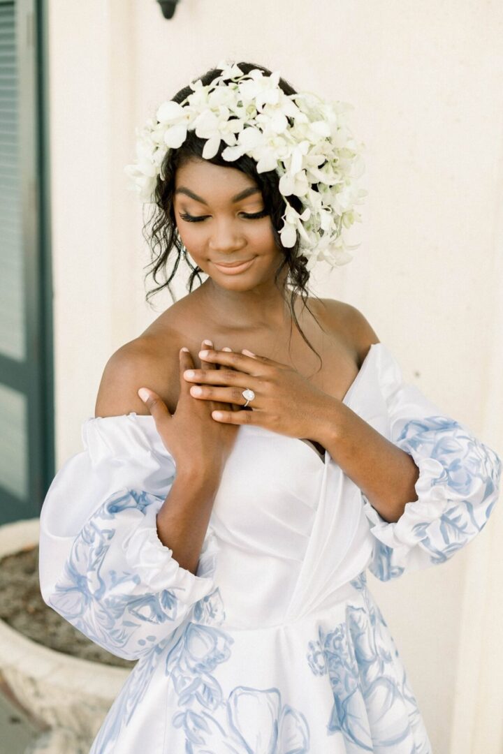 A Bride in a White Dress and Flower Crown