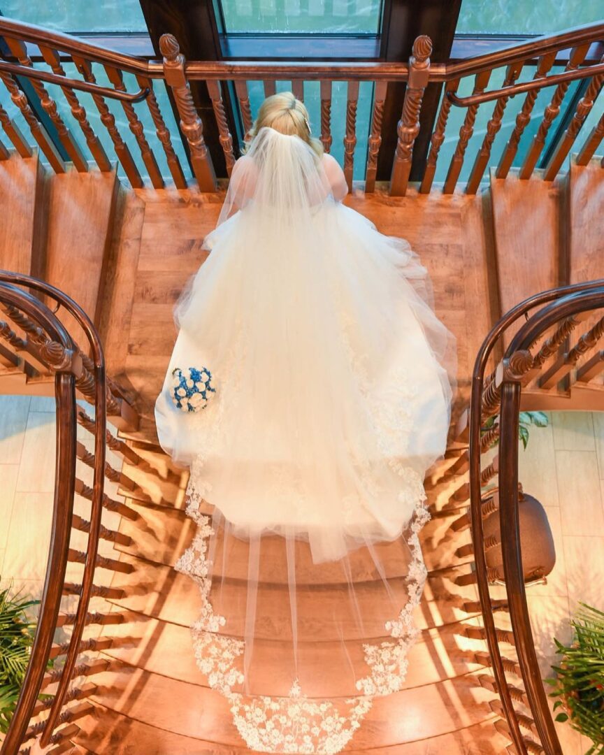Top View of a Bride With a Blue and White Bouquet