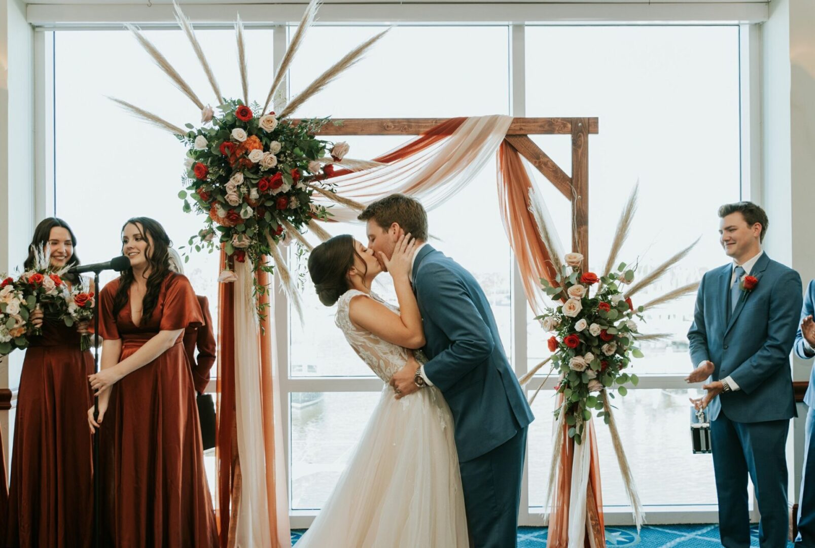 A Bride and Groom Kissing After the Wedding