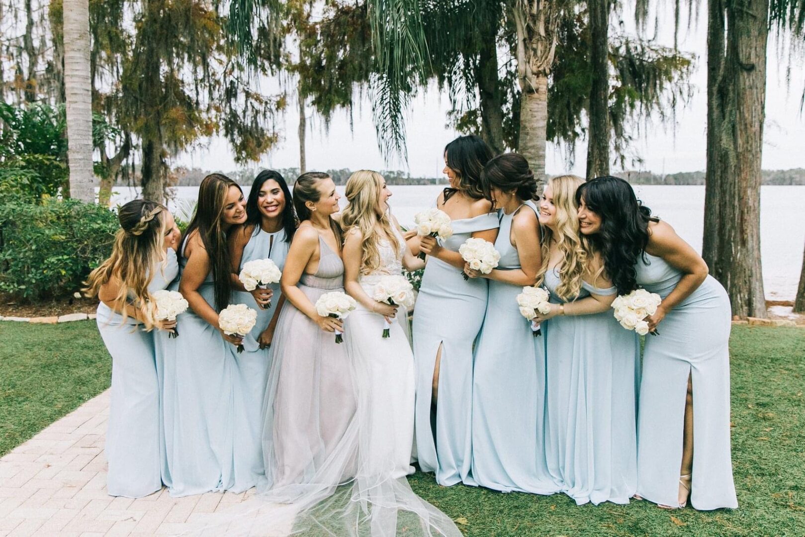 Brides With Bridesmaids in Blue Dresses